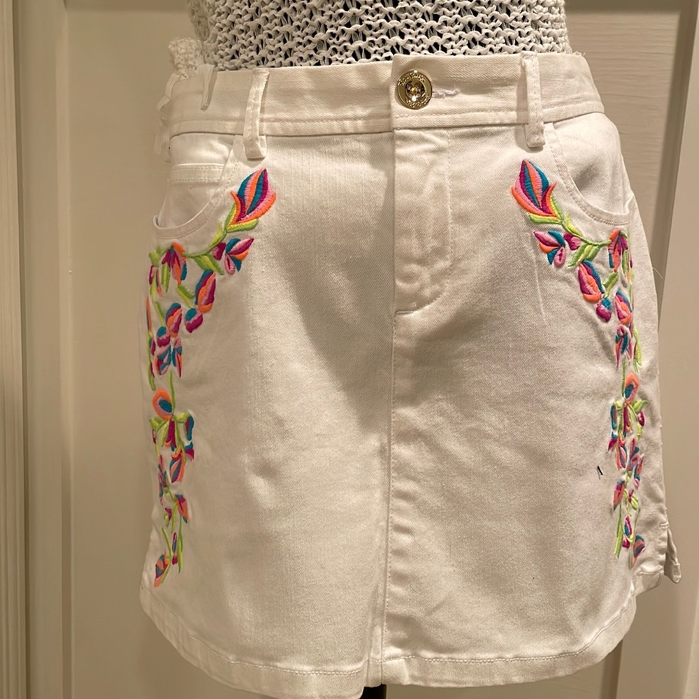 Resort White Lilly Pulitzer denim mini skirt with floral embroidery